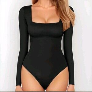 MANGOPOP Square Neck Long Sleeve Bodysuit Small Black Thong Back NWT Shapewear